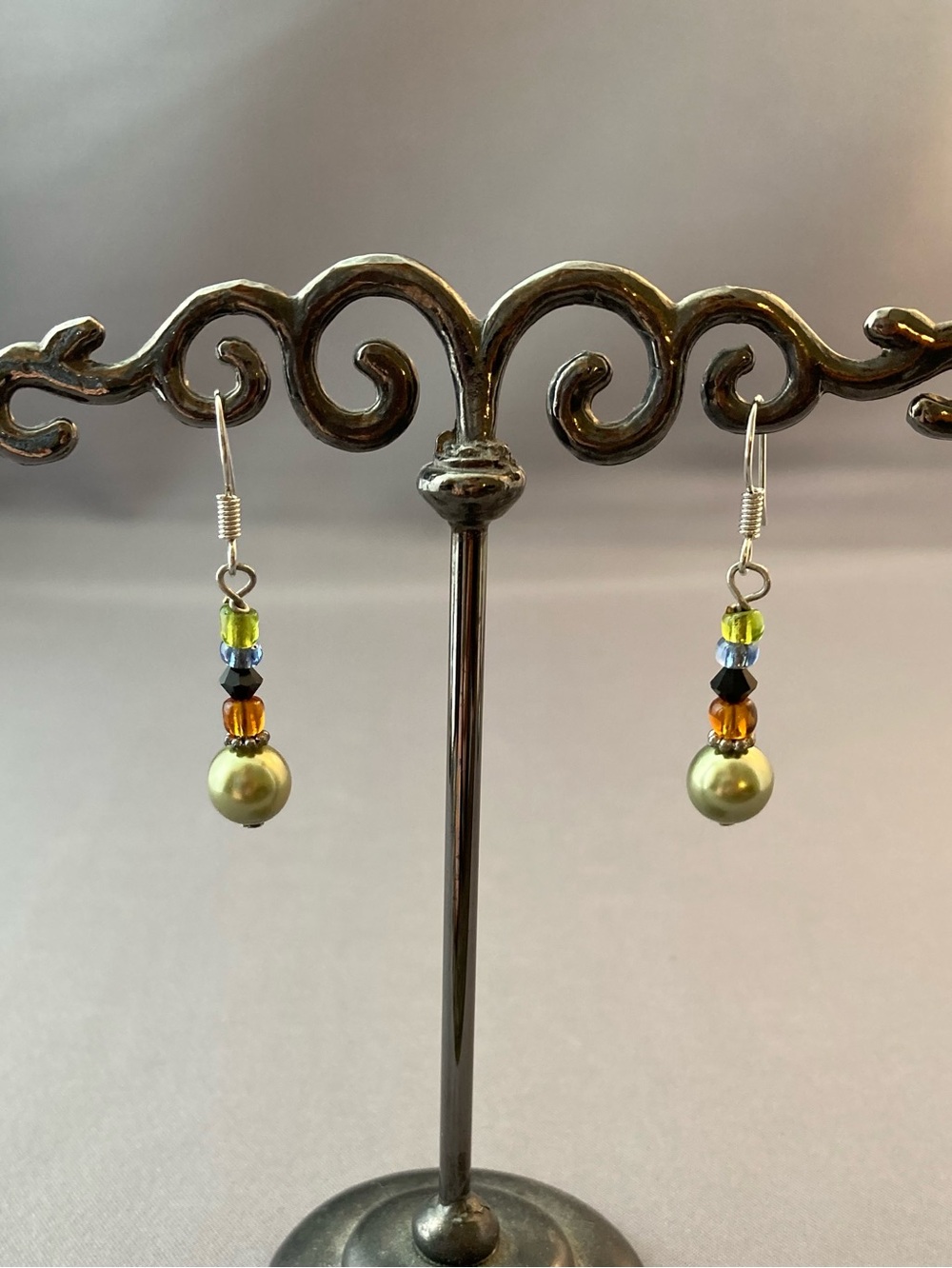 Celery green multi color bead dangle hanging earrings